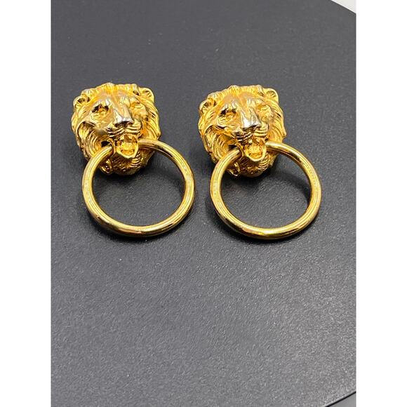 Vintage Lion Head Door Knocker Gold Tone Pierced Dangle Animal Earrings - Picture 6 of 8